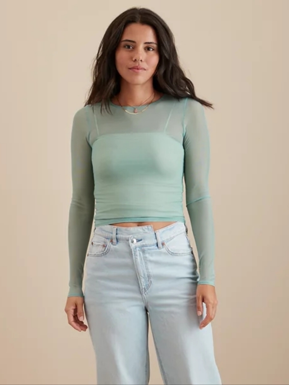 NWT American Eagle Long Sleeve Tee Translucent Sheer Panel Crop Top Green XS